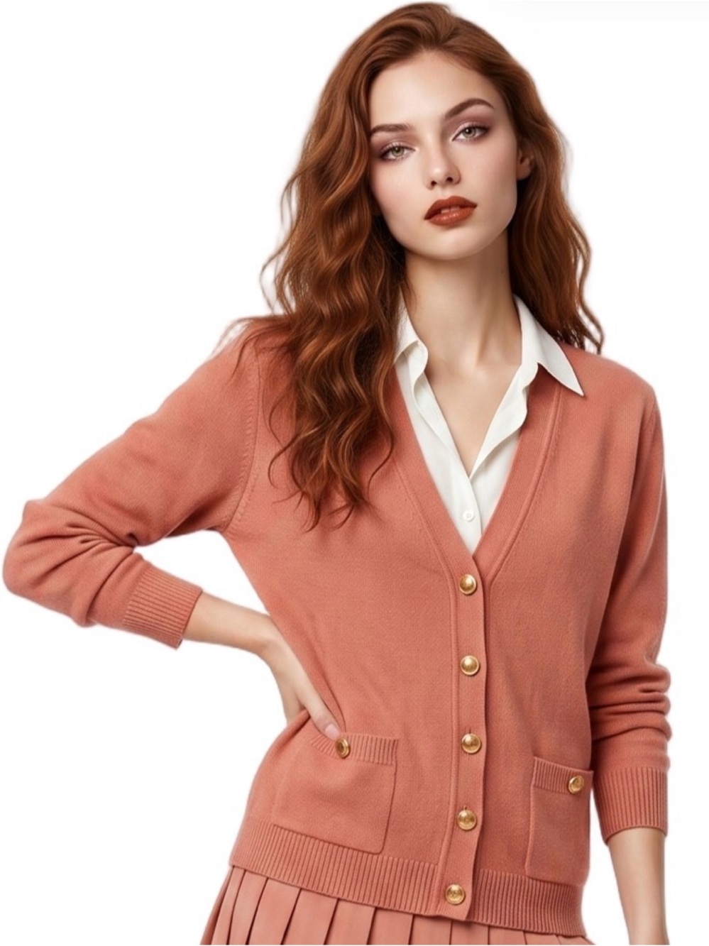 LAURA Vintage Orange pink button front cardigan gold buttons V neck Long sleeve